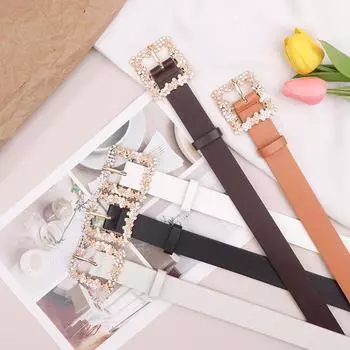 Ремень из искусственной кожи с бриллиантами, универсальный женский кожаный пояс с отверстиями, квадратная пряжка, джинсы, платье, одежда, аксессуары чёрный