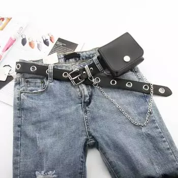 Ремень из искусственной кожи с кисточками в стиле панк и поясной сумкой, регулируемая длина, ремень с пряжкой и булавкой, женский и мужской пояс чёрный