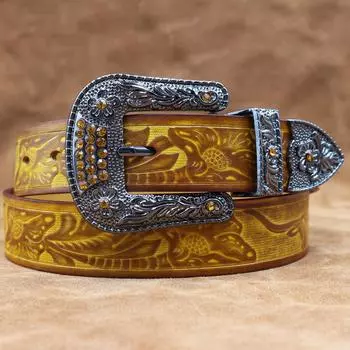 Ремень из коровьей кожи, мужской, с тисненой простой пряжкой, женский, декоративный, универсальный, кожаный ремень 105cm жёлтый