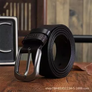 Ремень из натуральной коровьей кожи первого слоя, ремень ручной работы для молодых мужчин, кожаная пряжка, простой ретро-джинсовый универсальный 105cm чёрный