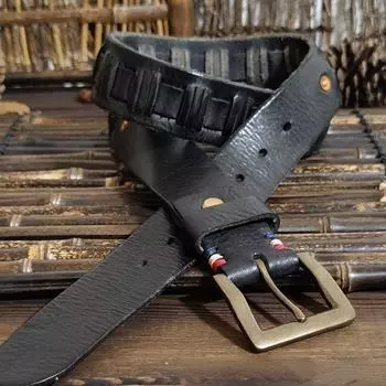 Ремень мужской, американский, кожаный, ручной работы, с пряжкой, модный, индивидуальный, трендовый, винтажный, первый слой, пояс из воловьей кожи 100cm