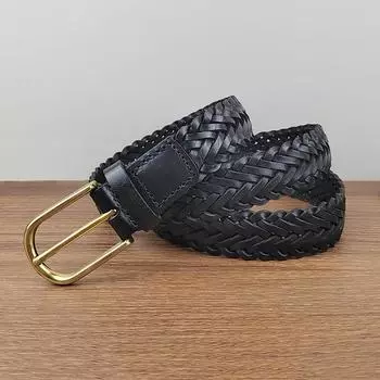 Ремень мужской из натуральной кожи плетеный ремень женский с пряжкой игольчатого плетения первый слой чистой коровьей кожи повседневный, простой и индивидуальный, ручная работа плетение Tide 95-110cm чёрный