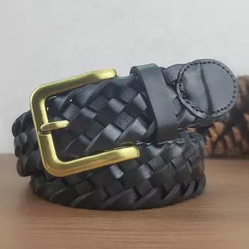 Ремень мужской из натуральной кожи плетеный ремень женский с пряжкой игольчатого плетения первый слой чистой коровьей кожи повседневный, простой и индивидуальный, ручная работа плетение Tide average size about 95-110cm чёрный