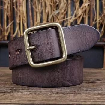 Ремень мужской из натуральной кожи с медной пряжкой ручной работы, первый слой, чистая коровья кожа, ретро, универсальный, модный, молодежный, с пряжкой, мягкий, джинсовый ремень 105cm коричневый