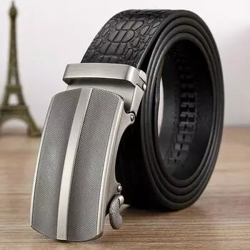 Ремень мужской кожаный с автоматической пряжкой для людей среднего возраста и молодежи, деловой повседневный ремень из коровьей кожи, простой узор под аллигатора 105cm