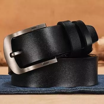 Ремень мужской кожаный с пряжкой из чистой коровьей кожи, повседневный широкий ремень для молодежи среднего возраста, джинсовый мужской ремень для молодежи 105cm чёрный