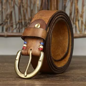 Ремень мужской, новинка 2024 года, ретро потертый кожаный ремень с пряжкой в американском стиле, трендовый первый слой из воловьей кожи, джинсовый ремень 100cm