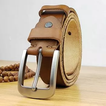 Ремень мужской ретро кожаный с пряжкой из мытой кожи мужской чистый коровья кожа повседневный простой узкий ремень 105cm хаки