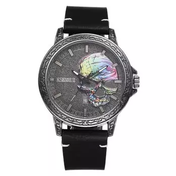 Ремень мужской рок-панк из натуральной кожи с часами Skull: Часы Skeleton Skull Antique Leather Watch Водонепроницаемые Аналоговые Кварцевые Готические Аксессуары - День Рождения Рождество