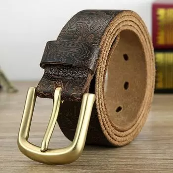 Ремень мужской трендовый латунный пряжка ручной работы первый слой коровьей кожи ретро латунный кожаный ремень с резьбой в виде черепа 105cm