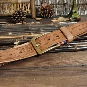 Ремень мужской винтажный резной кожаный с пряжкой, индивидуальный модный тренд, джинсовый ремень из натуральной яловой кожи 100cm