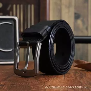 Ремень мужской заводской повседневный модный первый слой из коровьей кожи джинсовые повседневные брюки универсальный кожаный ретро-трендовый ремень 105cm чёрный