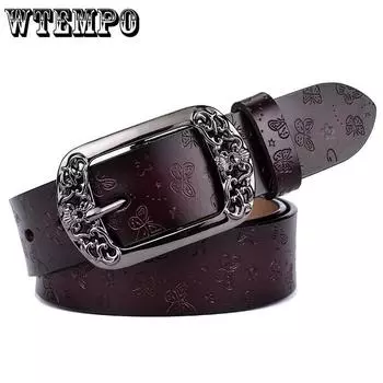 Ремень Новый Ретро Коровьей Кожаный Ремень Женский Модный Тисненый Пряжка Повседневные Джинсы Широкие 110cm чёрный