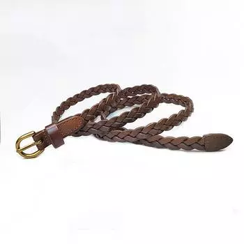 Ремень плетеный женский кожаный повседневный с пряжкой, украшением из первой кожи, тонкий пояс из воловьей кожи, модный стиль, маленькая талия average size 95-110cm хаки