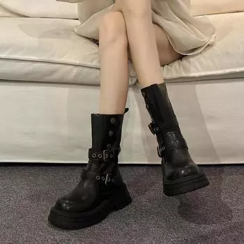 Ремень пряжка два износа ретро толстая подошва сапоги средние женские 2024 осень новый круглый нос толстый каблук корейская версия тонкие рыцарские сапоги 35 чёрный