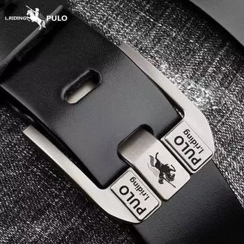 Ремень PULO, мужской кожаный ремень с автоматической пряжкой из натуральной воловьей кожи, молодежный повседневный корейский трендовый ремень для брюк среднего возраста 120cm чёрный