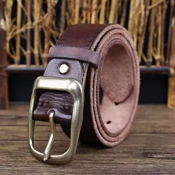 Ремень ручной работы из кожи с пряжкой-булавкой, молодежные повседневные джинсы среднего возраста с мужским первым слоем из коровьей кожи, британский ретро-ремень Tide 105cm коричневый