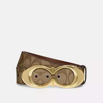 Ремень с пряжкой Coach Signature, 25 мм, седло цвета хаки, золотого цвета