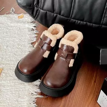 Ремень с пряжкой на плоской подошве и современными ботинками, зимняя женская обувь по щиколотку, распродажа, фирменные лаконичные женские ботинки без застежек на круглом носке и низком каблуке 35