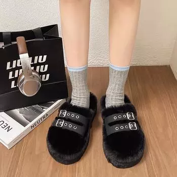 Ремень с пряжкой, сумка на голову, пушистые тапочки, женская верхняя одежда 2024 года, осень-зима, новые толстые подошвы, увеличивающие рост, маленькие плюшевые хлопковые туфли 35