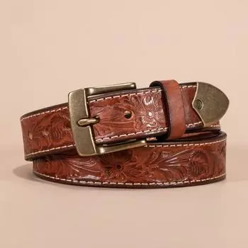 Ремень с тиснением в стиле ретро для мужчин из натуральной кожи с медной пряжкой, первый слой из коровьей кожи 110cm-130cm чёрный