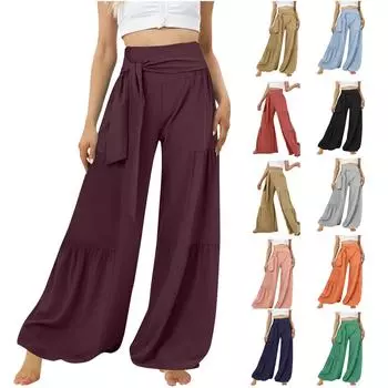 Ремень с высокой талией и завязками, широкие быстросохнущие повседневные брюки, широкие брюки для йоги, летние повседневные широкие брюки с боковыми разрезами L чёрный