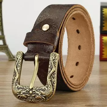 Ремень Shuanglong Play Bead для мужчин, натуральная кожа, латунь, первый слой, настоящая коровья кожа, ретро-ремень, молодежная ручная работа, Shuanglong Play Bead Button Head 105cm