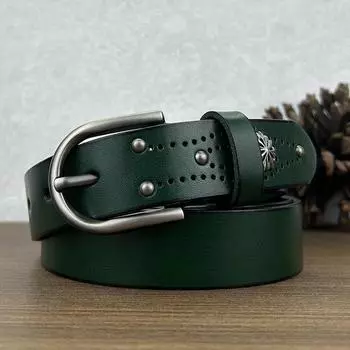 Ремень женский с заклепками, первый слой из коровьей кожи, модный повседневный ремень с пряжкой, женский ремень из натуральной кожи, простой женский ремень 80-100cm зелёный