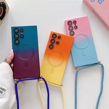 Ремешки для ожерелья с беспроводной зарядкой, магнитный чехол с градиентным узором для Samsung S23 S24 Ultra S22 Plus, силиконовый чехол для iphone 15 14 13 12 11 Pro Max iphone 11 красный