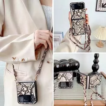 Ремешок через плечо, чехол для телефона из искусственной кожи для Samsung Galaxy Z Flip 4 5G Flip3, модный чехол со змеиным узором, ремешок-цепочка, чехлы для oppo Find N2 Flip For SAM Z Flip3 чёрный