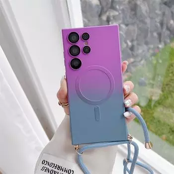 Ремешок через плечо, чехол Magsafe для Samsung S24 S23 S22 Ultra/iphone 15 14 13 12 11 Pro Max, градиентный матовый силиконовый чехол с беспроводной зарядкой, задняя крышка iphone 11 красный