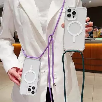 Ремешок через плечо для Magsafe, магнитный чехол с беспроводной зарядкой для iPhone 11 12 13 14 15 Pro Max X XR XS 7 8 Plus SE, прозрачный чехол iphone 7 8 темно-зеленого