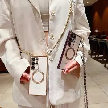 Ремешок через плечо, мягкий магнитный чехол из ТПУ с противоударным прозрачным чехлом для телефона Samsung S24 S23 S22 Ultra Plus S21 S20FE Samsung S23 розового золота