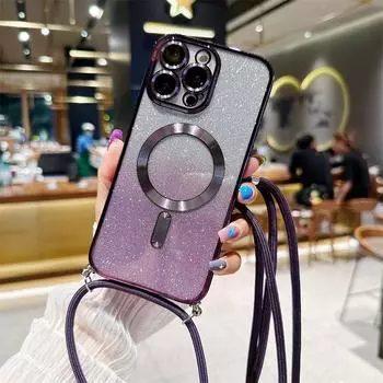 Ремешок через плечо с градиентным блестящим магнитным чехлом для iPhone 14 13 12 11 Pro X XR XS Max Plus для Magsafe с покрытием, мягкая задняя крышка из ТПУ iphone 7 8 розовый