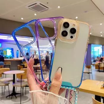 Ремешок через плечо с градиентом, прозрачный акриловый чехол для Iphone 14 13 12 11 Pro Max, мягкий чехол из ТПУ с краями и веревочным ремешком For iPhone11
