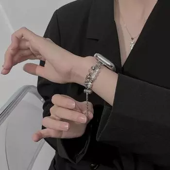 Ремешок для Apple Watch Band 40 мм, 38 мм, 42 мм, 44 мм, 41 мм, 45 мм, женский браслет из жемчужного бисера IWatch 7 SE 6 5 4 3 2 1, металлический браслет 38mm 40mm 41mm серебряный