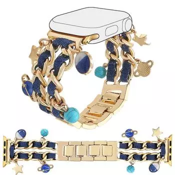 Ремешок для Apple Watch Series 10 9 8 7 SE 6 5 4 3 2 1 42мм 41мм 40мм 38мм Женский Джинсовый+Сплав Браслет Gold+Dark Denim