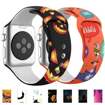 Ремешок для Apple Watch Ultra2 на Хэллоуин 44 мм 40 мм 45 мм 41 мм 38 мм 42 мм 49 мм Печатный браслет для iWatch Ultra series 9 8 SE 7 6 5 4 Band 38mm 40mm 41mm zomp