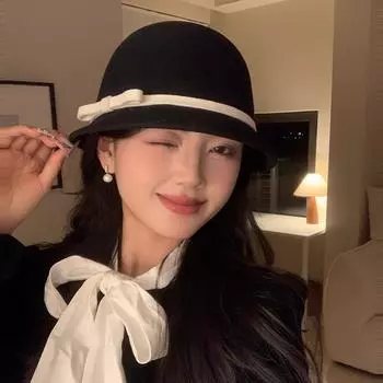 Ремешок для банта Hepburn ветровая шерстяная шляпа рыбака тысяча золота 2024 новый осенне-зимний цилиндр M56-58cm чёрный