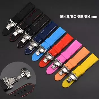 Ремешок для часов 16-24 мм, резиновый, для мужчин и женщин, быстроразъемная металлическая пряжка-бабочка, браслет, аксессуары 16mm чёрный