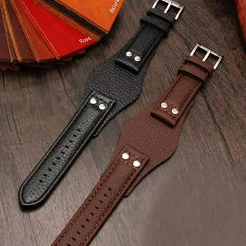 Ремешок для часов 20 мм 22 мм Ремешок из натуральной кожи 20mm чёрный/серебряный