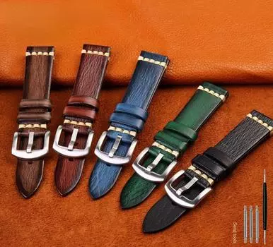 Ремешок для часов 20 мм, стиль ремешка, черный, серый, синий, зеленый, коричневый, аксессуары из воловьей кожи, браслет, ремешок для часов 20mm чёрный/серебряный