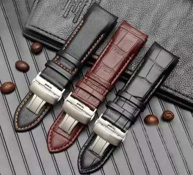 Ремешок для часов 22 мм, 23 мм, 24 мм, натуральная кожа, сменный изогнутый конец, стальная пряжка-бабочка, ремешок из телячьей кожи, браслеты 22mm