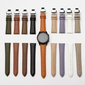 Ремешок для часов из натуральной кожи 20 мм 22 мм с пряжкой-бабочкой для Huawei GT4 GT3 GT2 Samsung Watch 6/5/4 Amazfit GT3/GT2 (42mm) чёрный