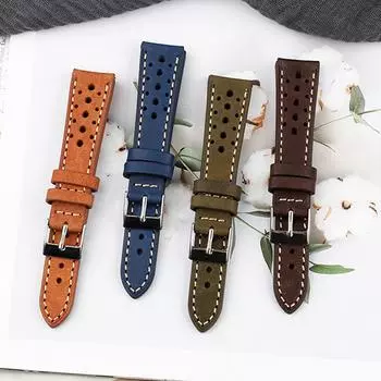 Ремешок для часов из натуральной кожи, ремешок для часов из воловьей кожи, дышащий ремешок, вентилируемый дизайн, винтажный ремешок, аксессуары, ремень 18, 19, 20, 21, 22, 24 мм 18mm