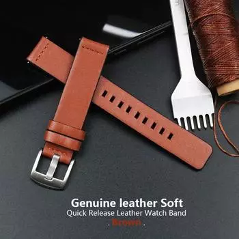 Ремешок для часов, натуральная кожа, быстросъемный, 18 мм/20 мм/22 мм/24 мм 18mm коричневый/серебряный
