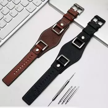 Ремешок для часов Ремешок из натуральной кожи с шарниром из нержавеющей стали, ремень длиной 24 мм. 24mm чёрный