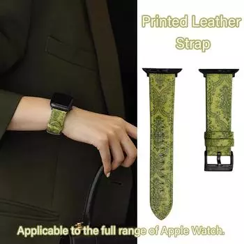 Ремешок для часов с ретро-принтом, зеленый кожаный ремешок для пожилых людей для Apple Watch, ремешок 44 мм, 40 мм, 45 мм, 41 мм, 42 мм, 38 мм, высококачественный деловой ремешок для часов для отдыха на открытом воздухе 49mm