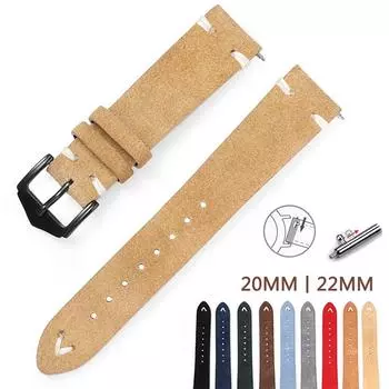 Ремешок для часов, замшевый кожаный ремешок для мужчин и женщин, ручная работа, 20 мм, 22 мм, быстроразъемная пряжка, аксессуары для браслета 20mm чёрный