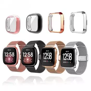 Ремешок для Fitbit Versa 2 3 4 Sense Lite Band с чехлом из ТПУ, защитный экран, бампер для металлического браслета для часов Versa Versa 2 серебряный